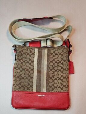 Coach Crossbody Bag in Brown Signature Canvas with Red Trim and Cream Strap